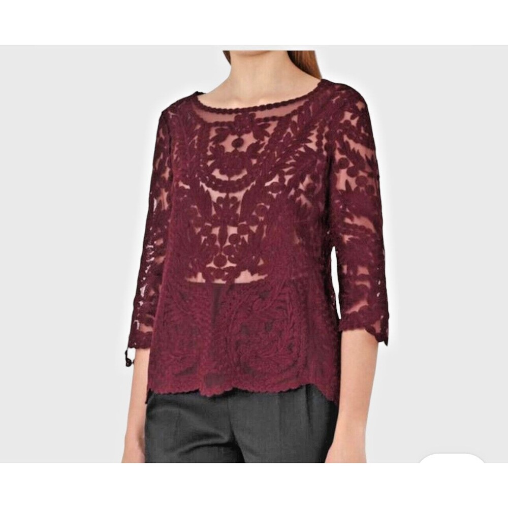 REISS Women's Alden Sheer Lace 3/4 Sleeve Claret Burgundy Blouse Top Sz L